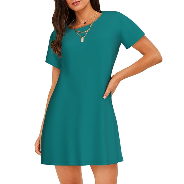 Saiise Motif Bleu Sarcelle Chemise de Nuit à Manches Courtes Col Rond Mignonne Robe de Nuit Confortable