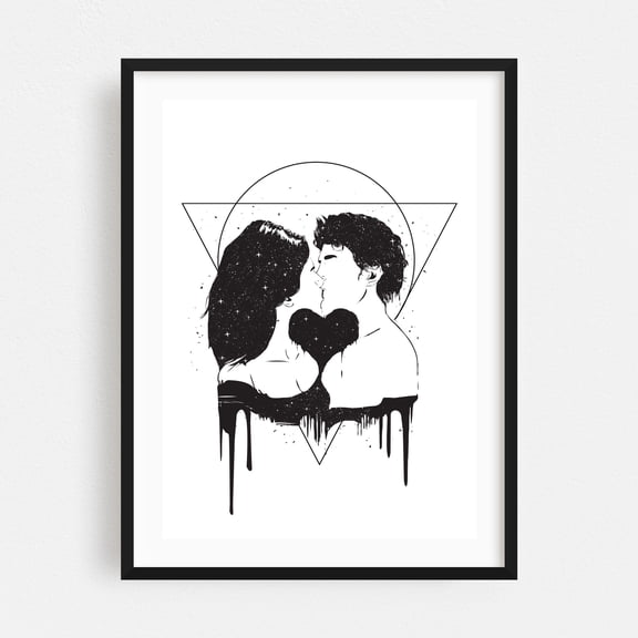 Cosmic love - Illustration Line Art Minimalist Black and White Geometric Black Framed Wall Art Print 9 x 12 inches