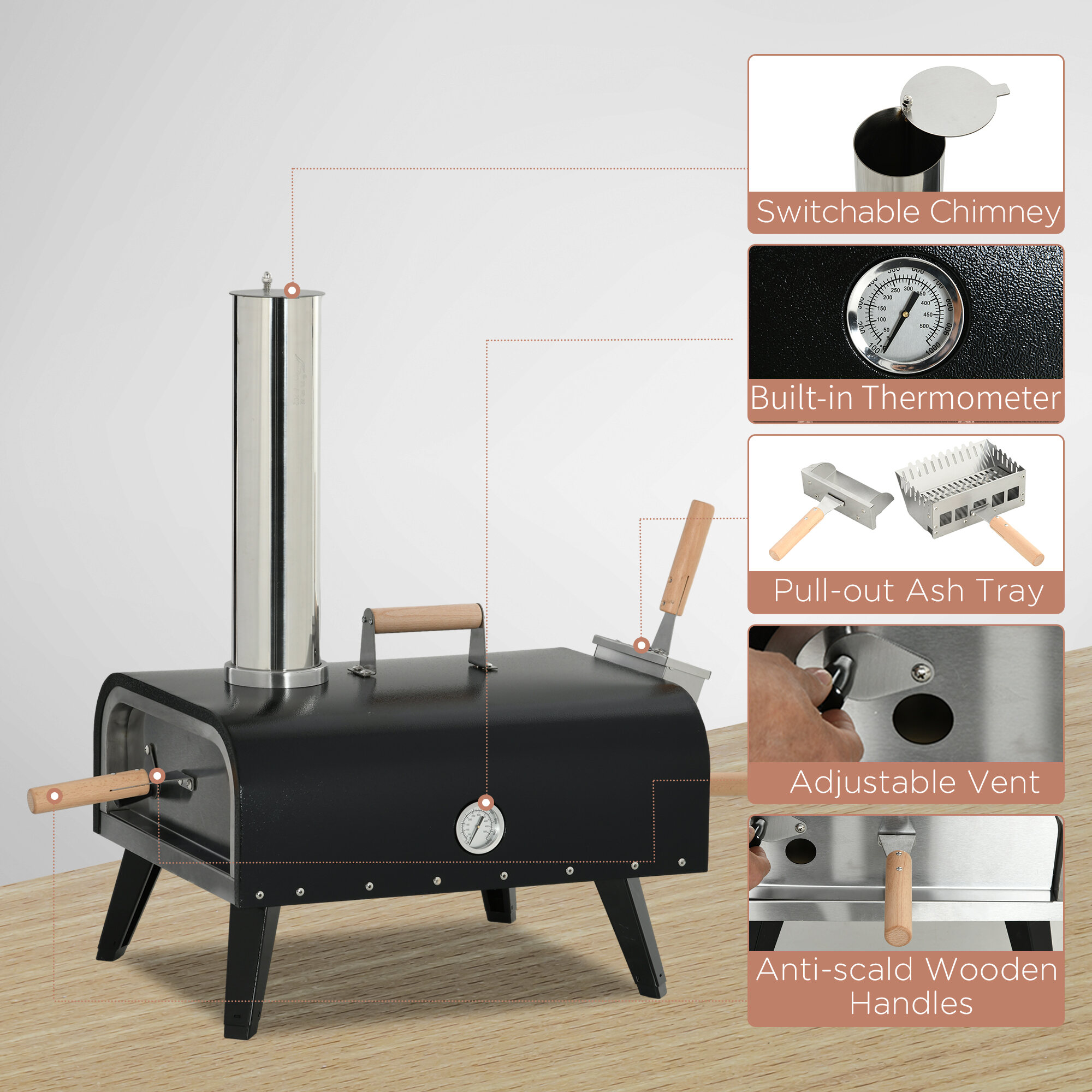 Outdoor Grill, Outdoor Pizza Oven with 12" Stone, Peel and Cover, Portable Pellet Wood Fired Pizza Maker with Foldable Legs, Stainless Steel Pizza Grill for Outside, Backyard, Outdoor Kitchen