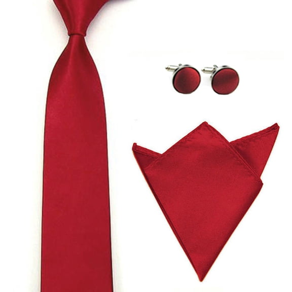 Men Solid Color Satin Tie Necktie Handkerchief Pocket Square Hanky Cuff Link Set