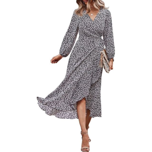 Vestido largo vintage cruzado de manga larga con estampado floral y escote en V para mujer con cinturón