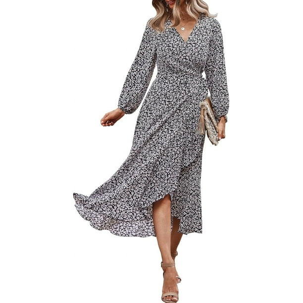 Vestido largo vintage cruzado de manga larga con estampado floral y escote en V para mujer con cinturón