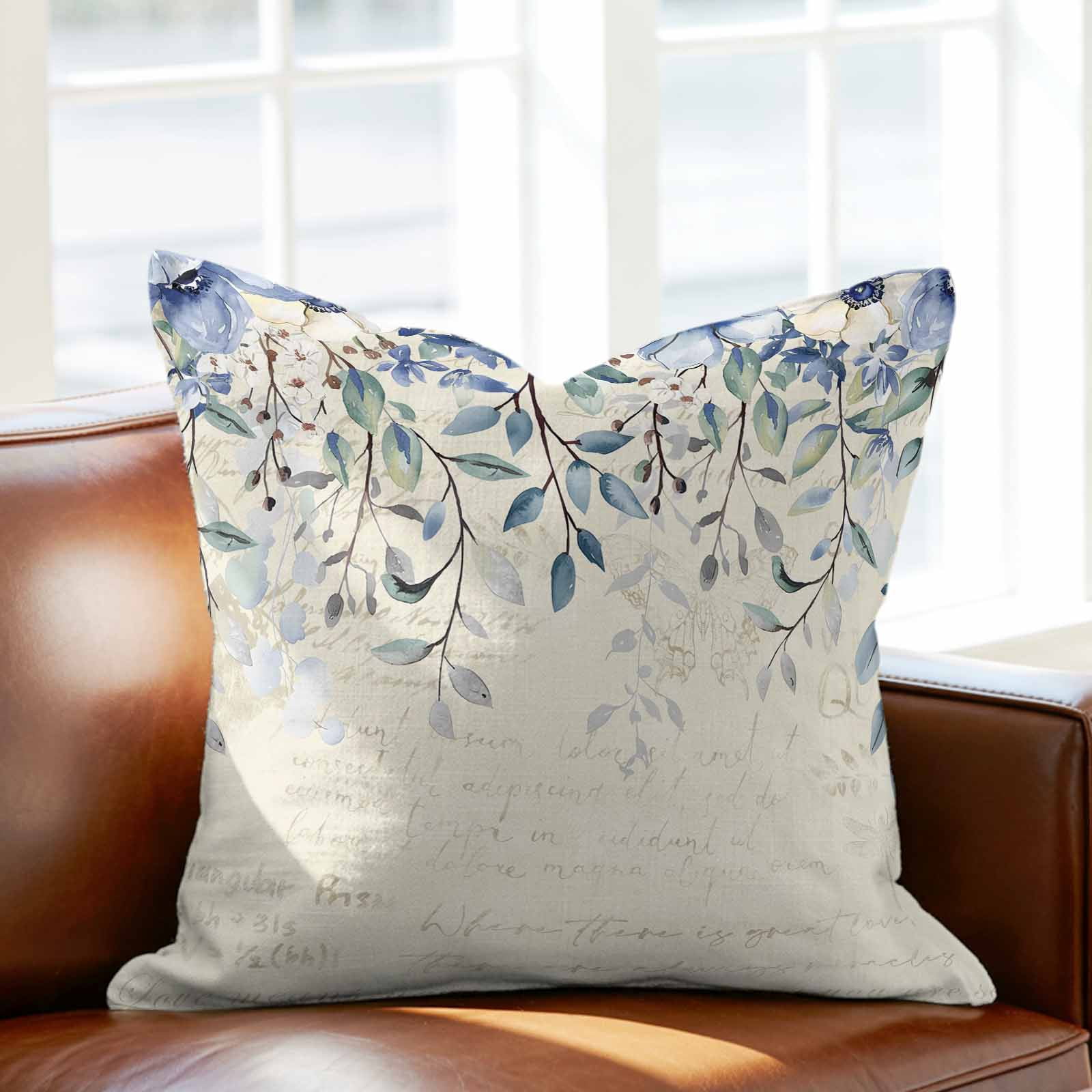 Blue Eucalyptus Leaves Pillow Covers 16x16 Inch, Farmhouse Retro Botanical Floral Linen Pillowcase with Invisible Zipper, Decorative Throw Pillow Covers Cushion Case for Couch Sofa Bed Living Room