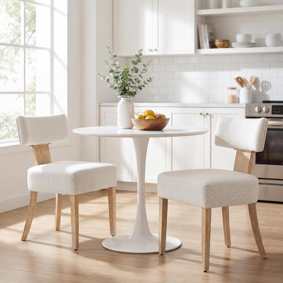 TrumanPick Dining Chairs Set of 2, Mid-Century Modern Linen Upholstered Kitchen Chairs with Curved Backrest & Solid Wood Leg, Farmhouse Side Chairs for Dining Room Restaurant, Beige