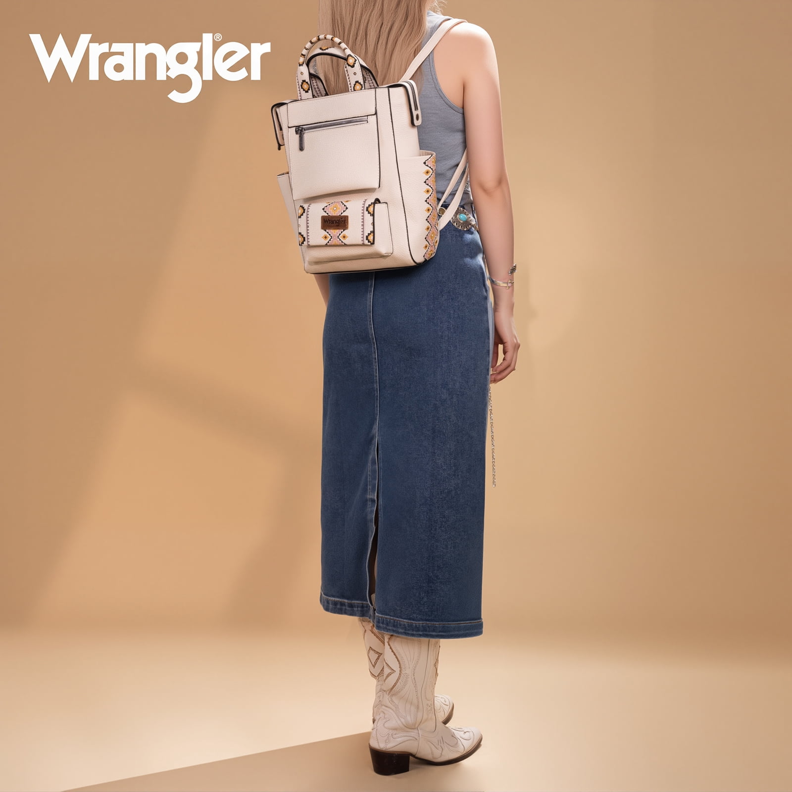 Wrangler Aztec Women Backpack Purse Convertible Fashion Ladies Anti Theft with Adjustable Strap, Beige