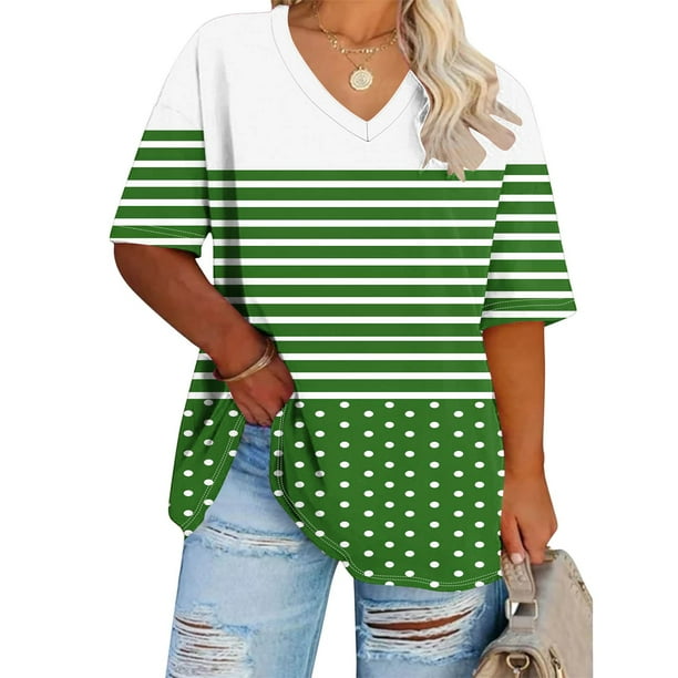 Fiudx Ofertas y Liquidaciones Camiseta Deportiva de Verano Estampada de Manga Corta con Cuello En V de Gran Tamaño para Mujer