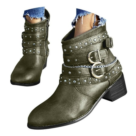 

Cowboy Boots for Women Combat Boots Womens Boots for Women Women s Punk Style Mid Calf Casual Boots for Fall and Winter Heel with Belt Buckle Decor Short Western