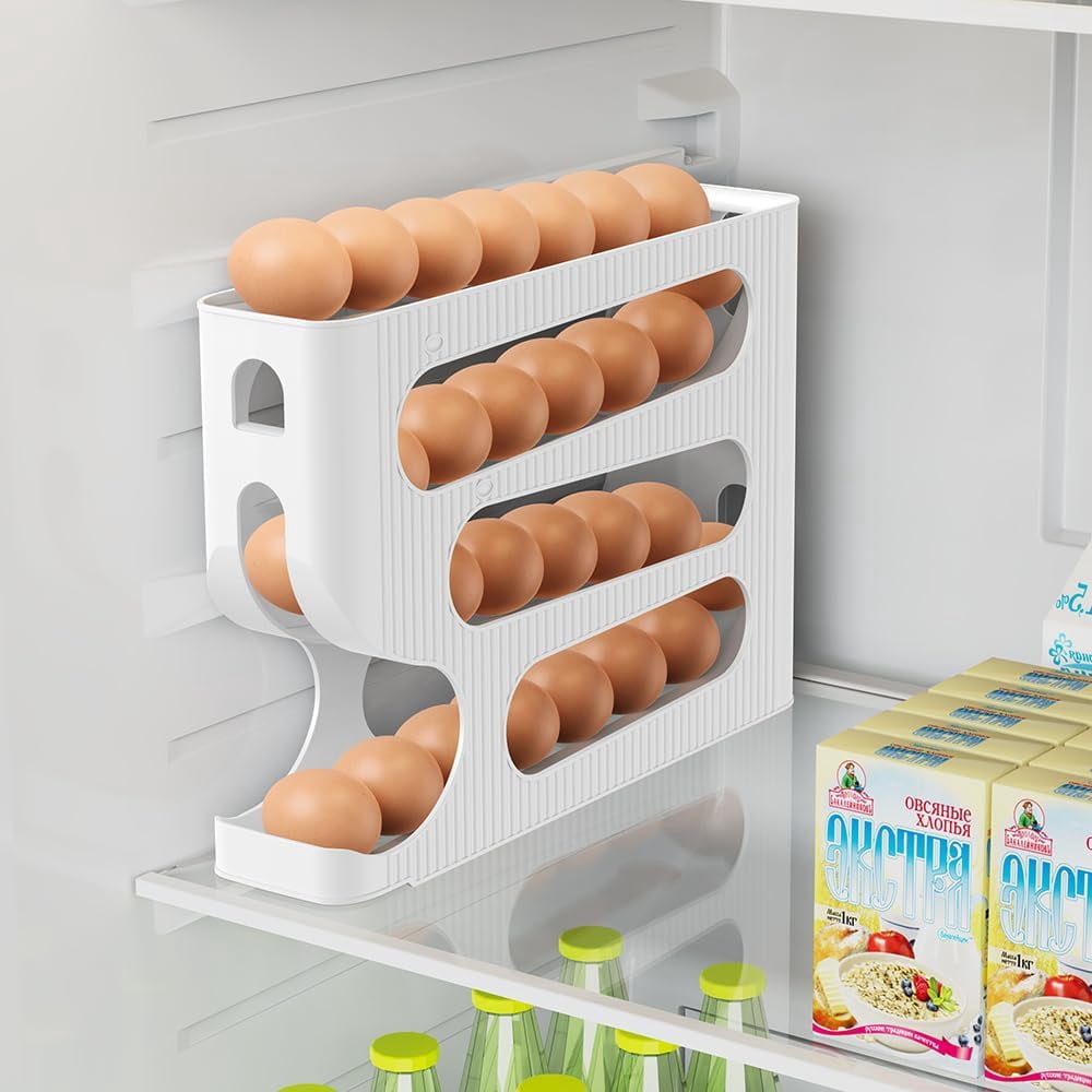 1-Pack Automatic Rolling Egg Dispenser for Refrigerator, Egg Rack Holds 28 Large Eggs, Space Saving Egg Holder & Organizer Tray, Fridge Storage, Easy Access
