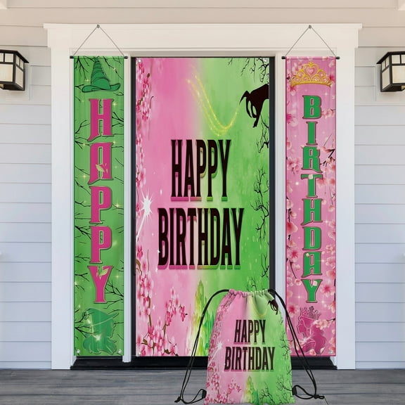 4Pcs Pink and Green Birthday Party Door Decorations Sets with Drawstring Bag Banner Witch and Princess Happy Birthday Banner Porch Sign Hanging Outdoor Indoor for Women Girls Party Supplies