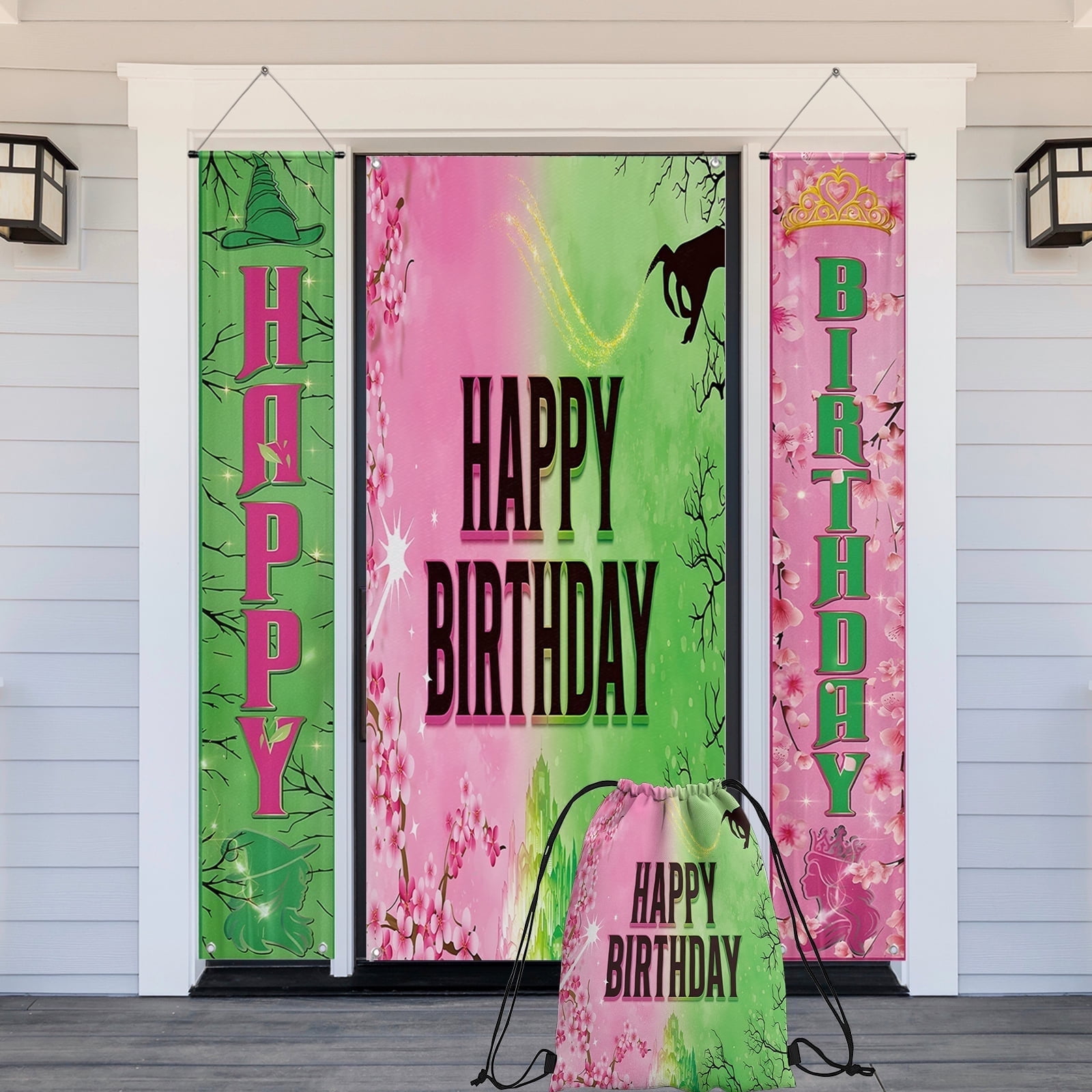 4Pcs Pink and Green Birthday Party Door Decorations Sets with Drawstring Bag Banner Witch and Princess Happy Birthday Banner Porch Sign Hanging Outdoor Indoor for Women Girls Party Supplies