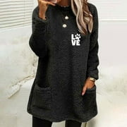 XQXAYJR Women Long Sleeve Fleece Lined Warm Loungewear Tops Loose Fit Dog Paw Print Fall Sweaters Tops Dressy Casual Crew Neck Pullover Trendy Shirts Clothes