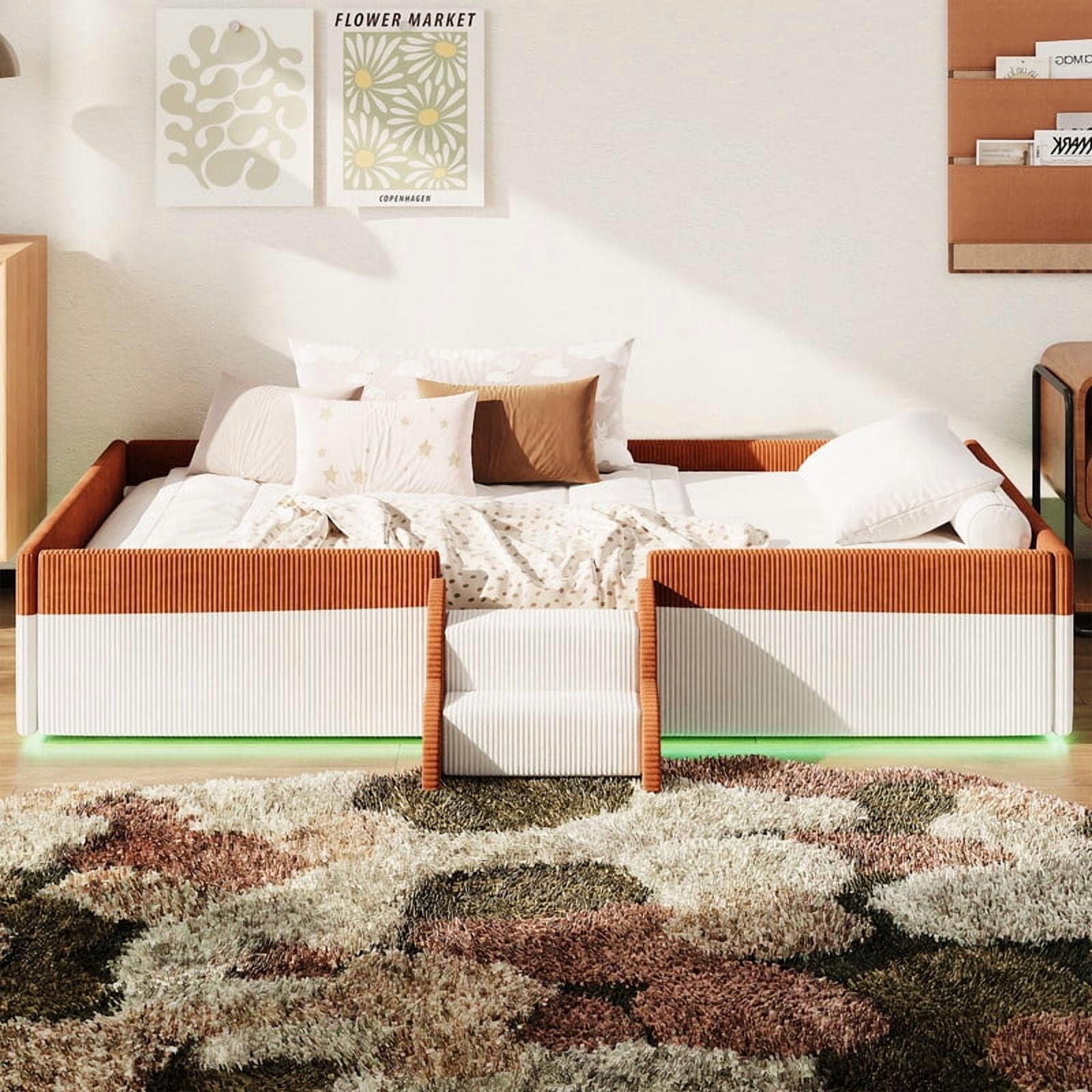Twin Size Upholstered Floor Bed with Fence, 2-Tier Steps and Smart LED Lights, Corduroy Toddler Bed Platform Bed Frame with Guardrails and Wood Slats