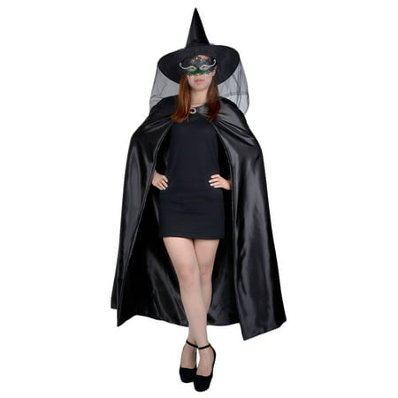 Womens Halloween Cape Set 53'' Long Cosplay Cloak Costumes with Veil Fascinator Witch Hat for Adults