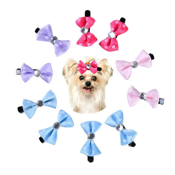 Pet Enjoy 10Pcs Cute Puppy Dog Small Bowknot Hair Bows with Metal Clips,Handmade Hair Clips Inlaid Rhinestones Pet Grooming Accessories