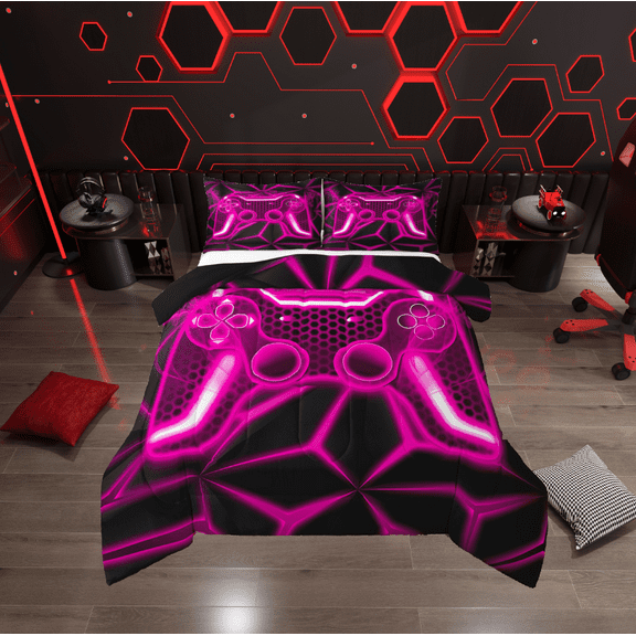 Erosebridal Teens Gamepads Bedding Twin Comforter Set,Black Pink Down Comforter,Video Game Bedding Sets Twin with Comforter,Breathable Geometric Room Decor,Reversible,2-Piece