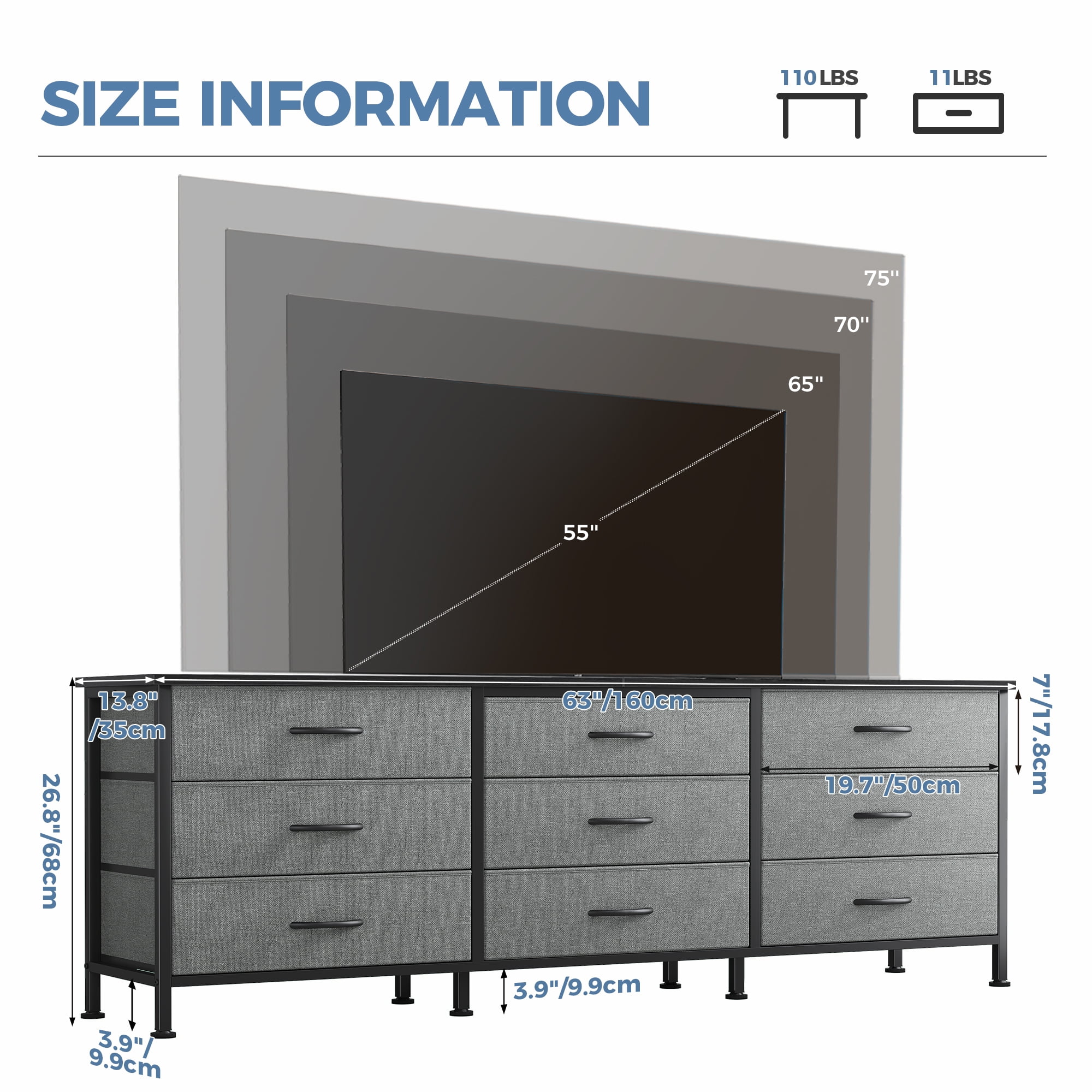 JIOABL 66 inch Wide TV Stand Dresser, 9-Drawer Storage Cabinet for 75 inch TV, Entertainment Center with Wood Top for Living Room, Grey