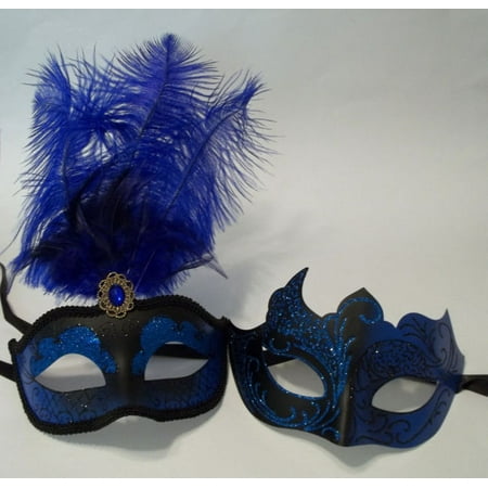 Blue Black Couples Man Woman Masquerade Mardi Gras Male Female Set Feather Masks