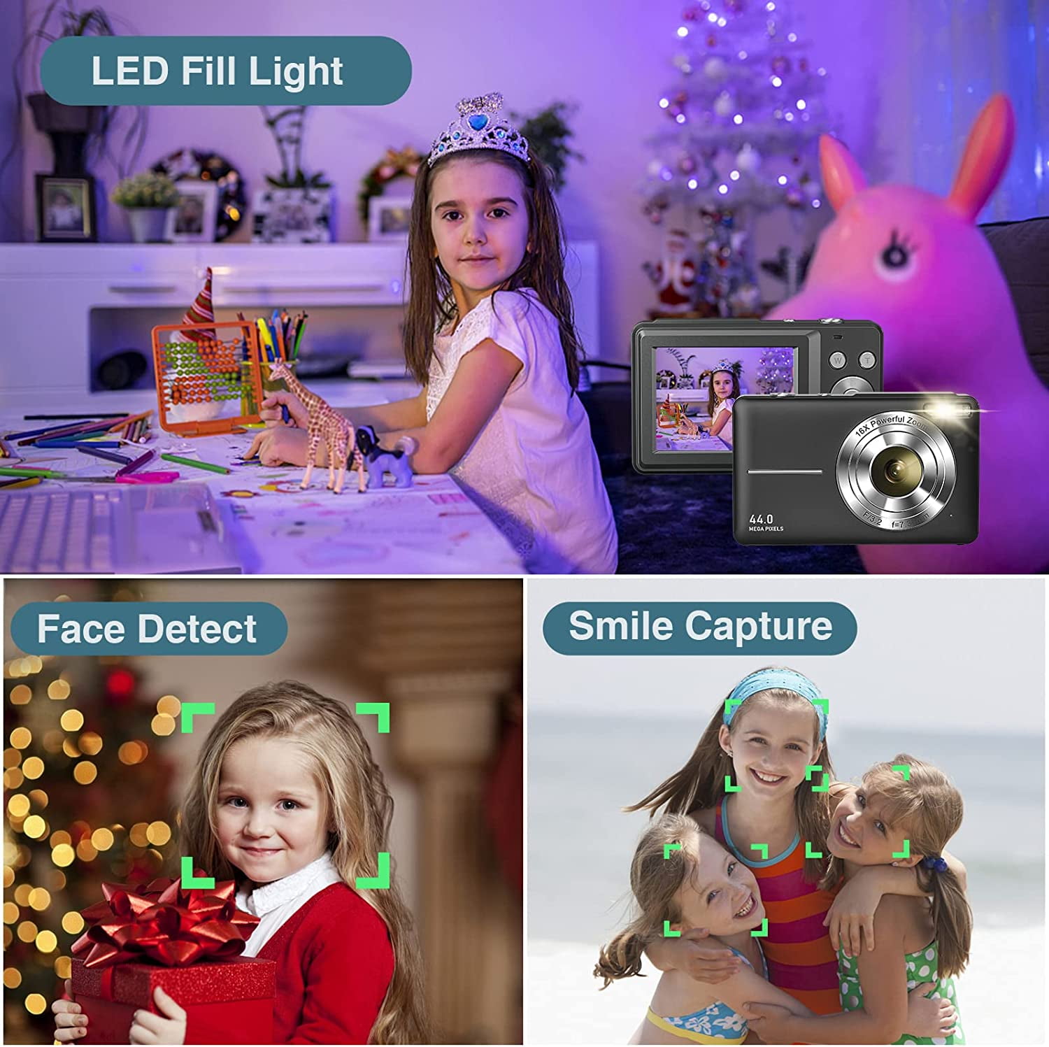 Digital Camera Kids Camera FHD 1080P 44MP Youtube Vlogging Camera 16X Zoom Portable Digital Cameras for Teens Seniors with 32GB Card (Black)