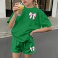 thumbnail image 4 of DxhmoneyHXGirls Summer Clothing Set Crew Neck Bow Print Short Sleeve T Shirts Loose Fit Lounge Shorts with Pockets 2 Piece Outfits for 3-14 Years, 4 of 6