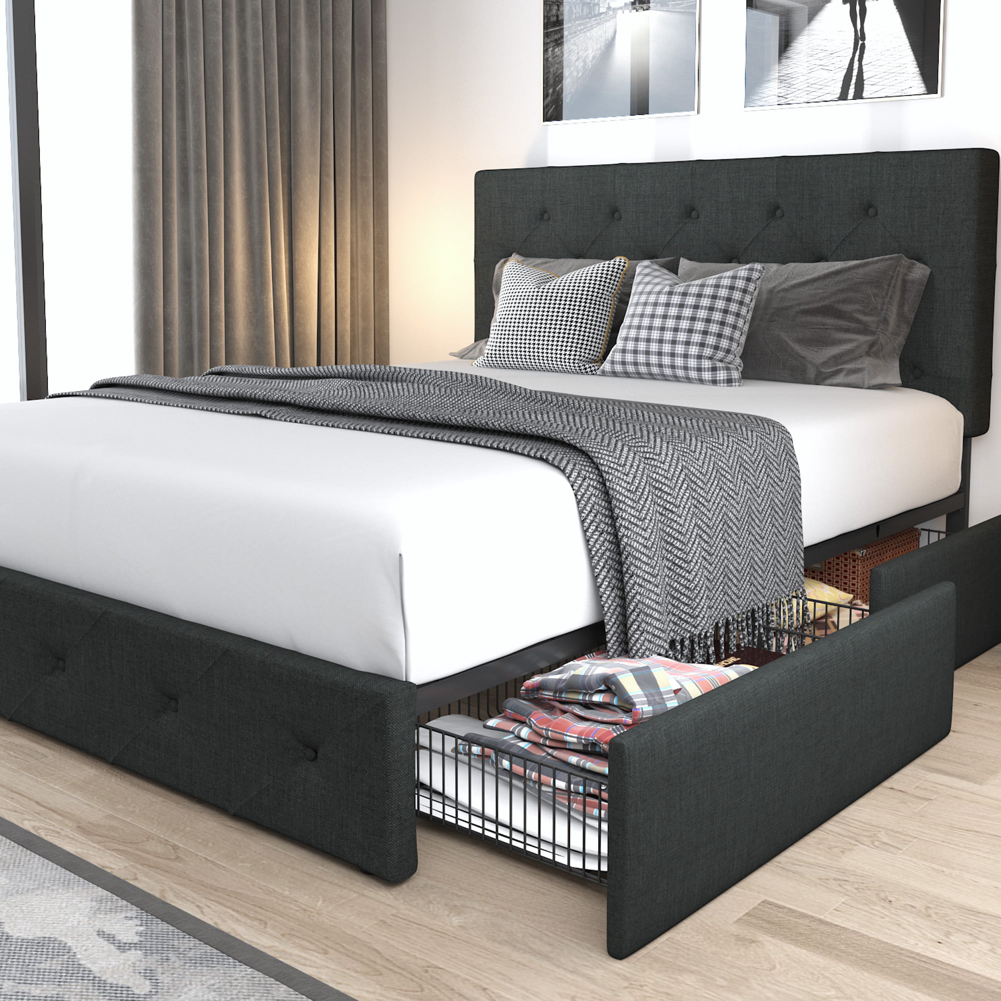 Amolife Queen Size Platform Bed Frame with Headboard and 4 Drawers