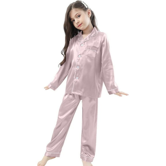 Toddler Satin Pajamas For Girl Solid Button Down Solid Tops T Shirt Set Girls Casual Pajamas Set Toddler Pajamas 12-24 Months