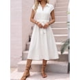 thumbnail image 5 of Women Midi Button Down Shirt Dress Collared Cap Sleeve Pleated Tie Waist Flowy Elegant Dress White S, 5 of 9