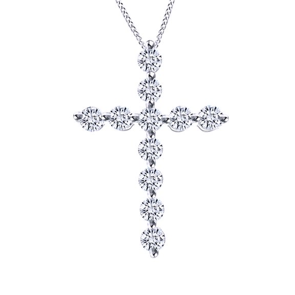 AFFY 0.59 Ct Round Cut Natural Diamond Cross Pendant Necklace In 14K Solid White Gold