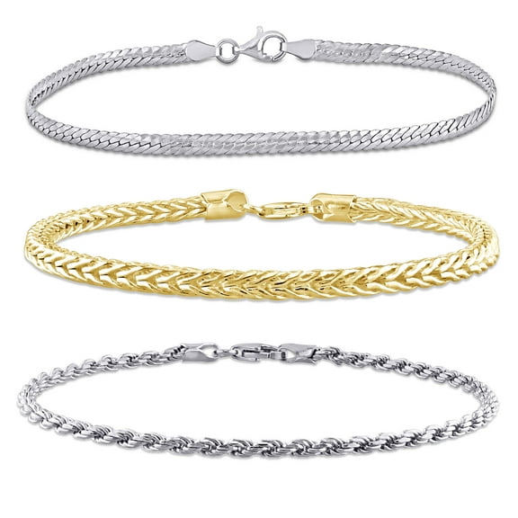 Everly Men's Two-Tone Sterling Silver Herringbone Rope and Foxtail Bracelet 3-Pc Set - 9 in