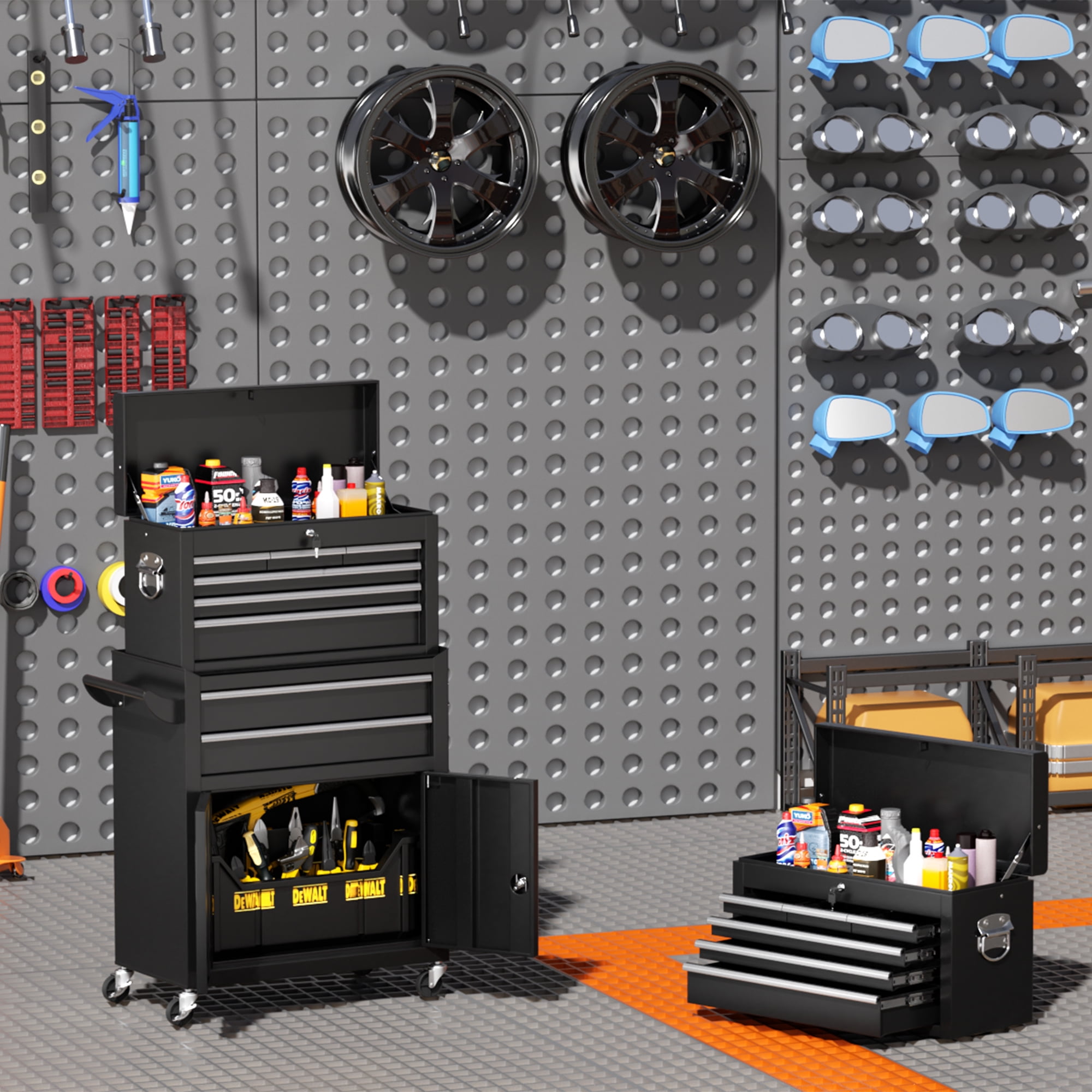 SUNCROWN 2-IN-1 Tool Box, 8-Drawer Rolling Tool Chest with Drawers on Wheels ,Metal Storage Detachable Top Tool Box with Lockable Wheels and Hooks for Garage, Workshop, Art Studio(Black)