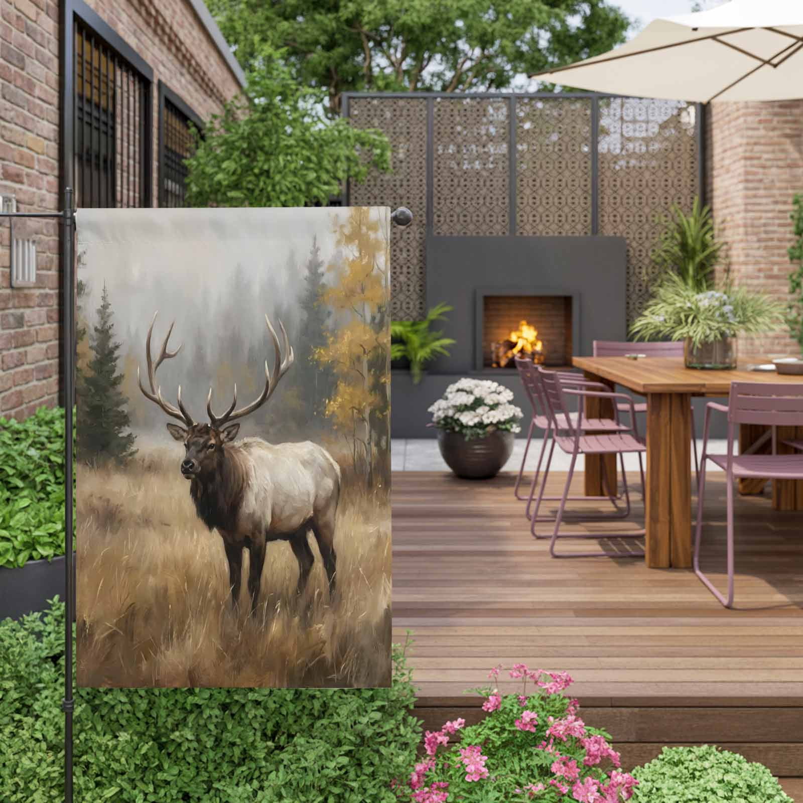 Bull Elk House Flag 28 x 40 Inches, Foggy Gray Wild Animal Pine Forest Landscape Farmhouse Weather Proof Outdoor Patio Flags Double Sided Small House Decoration for Yard Lawn Outside Home