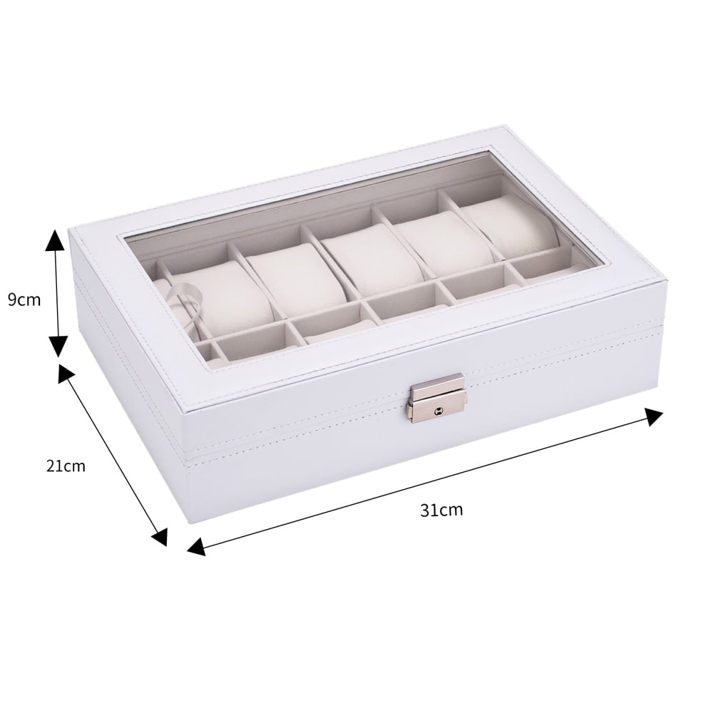 Kepooman 12 Slot Watch Box, PU Leather Case Organizer with Jewelry Drawer, White