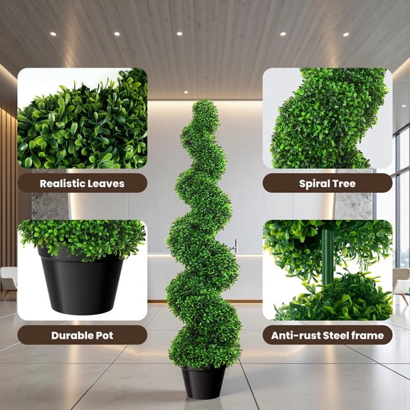 3ft Artificial Boxwood Spiral Topiary Trees, Set of 2 Faux Evergreen Plants, Fade Resistant Fake Greenery with Black Pot for Indoor Outdoor Patio Porch Garden Decor