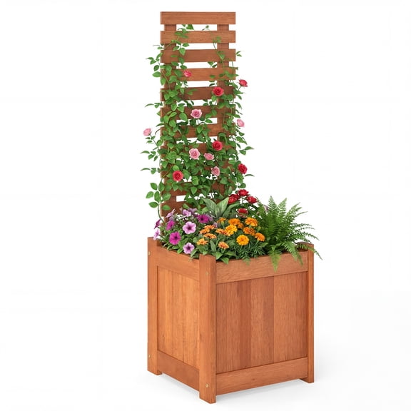 Costway 1 PCS Wooden Raised Garden Bed Elevated Patio Yard Planter Box with Trellis Open-Ended