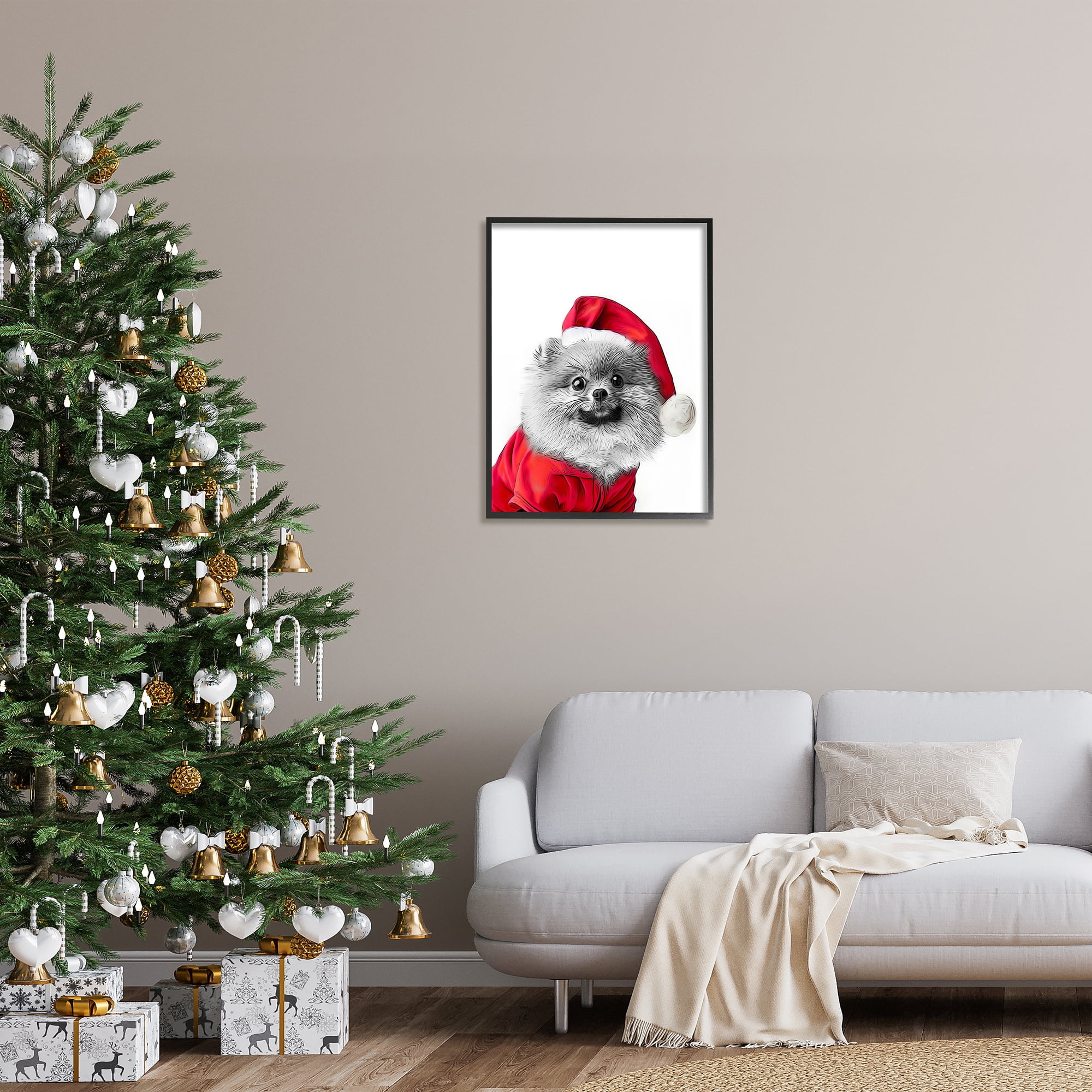 Stupell Industries Pomeranian in Santa Hat Holiday Painting Black Framed Art Print Wall Art, 24 x 30