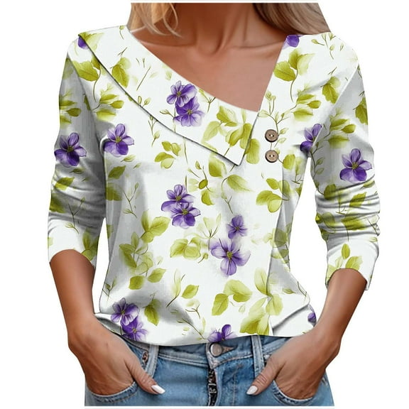 Button Shirts for Women Long Sleeve Dressy Work Shirt Fashion Floral Printed Blouses Casual Button-Up Loose T-shirt V-Neck Lapel Pullover Top Green L