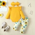 thumbnail image 3 of Toddler Baby Girls Clothes Baby Girls Outfits Long Sleeve Romper Top Floral Pants Headband 3PCS Girls Fall Winter Clothing Set Yellow 12-18 Months, 3 of 10