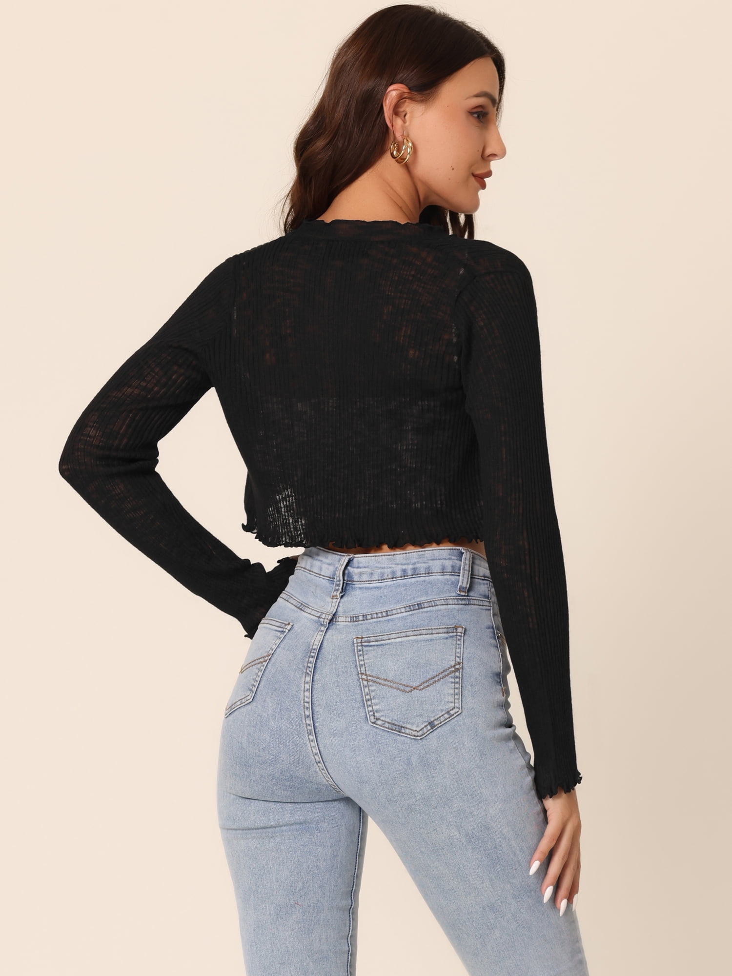 Unique Bargains Women Ribbed Knit Bolero Long Sleeve Ruffle Trim Open Front Shrug XL Black