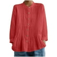thumbnail image 3 of RongHuan Womens Button Down Shirts Cotton Linen Long Sleeve Blouse Vintage Pleated Shirt Solid Color Summer Tops, 3 of 7