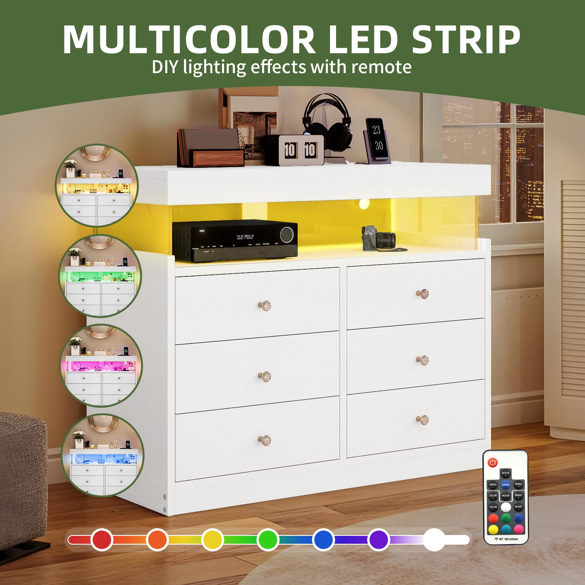 Uforic 6 Drawer Double Dresser with Power Outlets & LED Lights, Wood Chest of Drawers, White