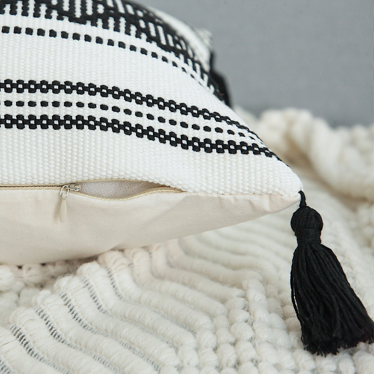 Decorative Pillow Covers with Tassels, 18x18 Inches, Black and Off White (Set of 2) | Boho Pillow Covers With Plaid Checkered Pattern | Farmhouse Woven Pillow Cases| Natural Accent Cushion Covers