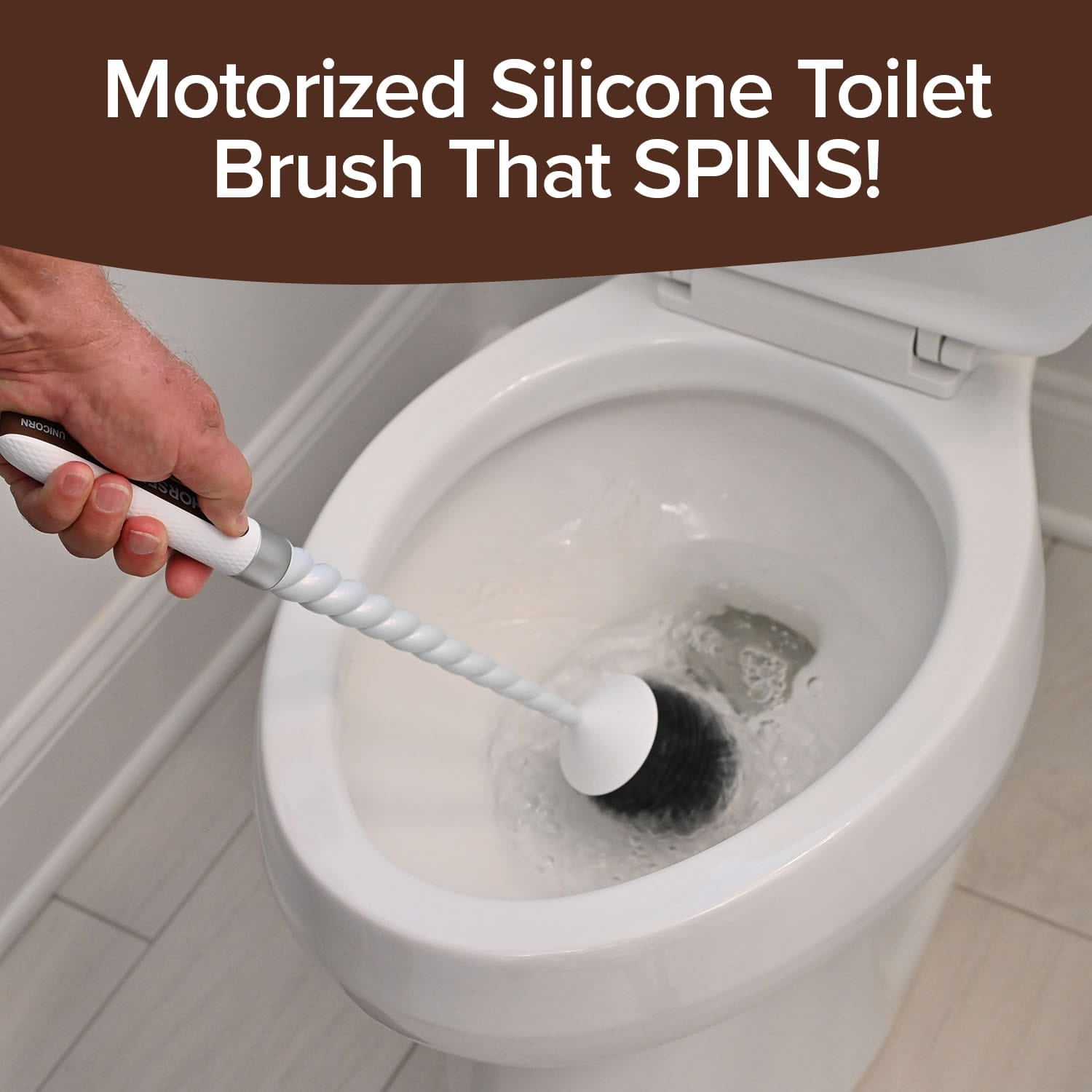 Horsepower Unicorn, AS SEEN ON TV, Motorized Toilet Brush, Powerful Spinning Action, 360 Degree Cleaning Power, Flexible Silicone Bristles, Eliminate Stains & Residue, No Scrubbing, Rechargeable