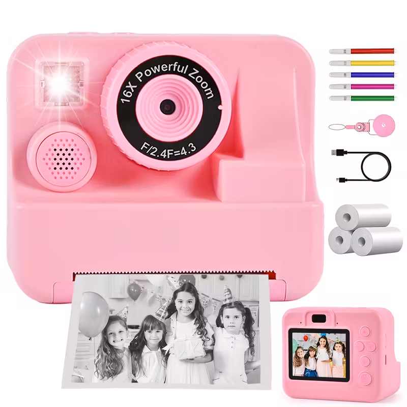 TEAMD Kids Camera Instant Print, 1080P HD Instant Kids Camera with 32G Card, Christmas Birthday Gifts for Girls BoysAge 3-12,Pink