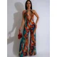 thumbnail image 4 of Mono sexy con escote en V profundo estampado para mujer, elegante, con cuello halter, espalda descubierta, sin mangas, trajes de fiesta, monos de una pieza con pierna ancha, estilo bohemio, 4 of 5