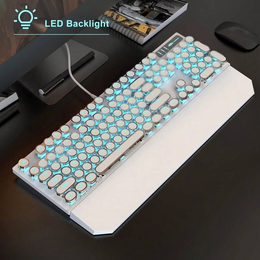 XX Typewriter Mechanical Gaming Keyboard, Retro Black Punk Round Keycaps RGB Rainbow Backlit Wired Keyboards For Laptop PC Gamer, With Magnetic Wrist Rest - Blue Switch