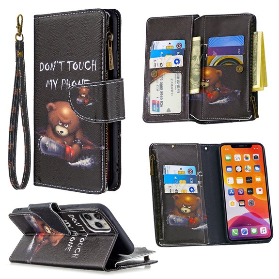 Dteck For Apple iPhone 11 Pro 5.8 inch Magnetic Patterned Leather Wallet Zipper Card Holder Stand Strap Case Cover,Bear