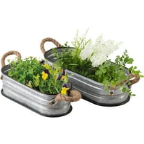 SOFE Small Oval Galvanized Planters Galvanized Bucket Set of 2, Planters for Indoor Outdoor Plants with Rope Handles, Galvanized Tub Metal Flower Pot, Farmhouse Home Decor for Outdoor Party Wedding