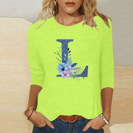 

KIHOUT Promotion Women s Tops Letter L Print Shirt Mid-length 3/4 Sleeves Blouse Round Neck Casual Tops