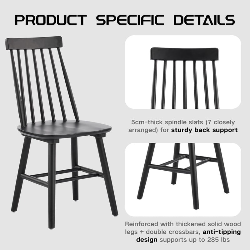 2-Pack Wooden Dining Chairs, Solid Wood Spindle Back Side Chair Set of 2, Mid-Century Modern Armless Kitchen Chairs for Dining Living Room