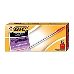 BIC® Cristal® Ballpoint Pens, Medium Point, 1.0 mm, Clear Barrel, Red Ink, Pack Of