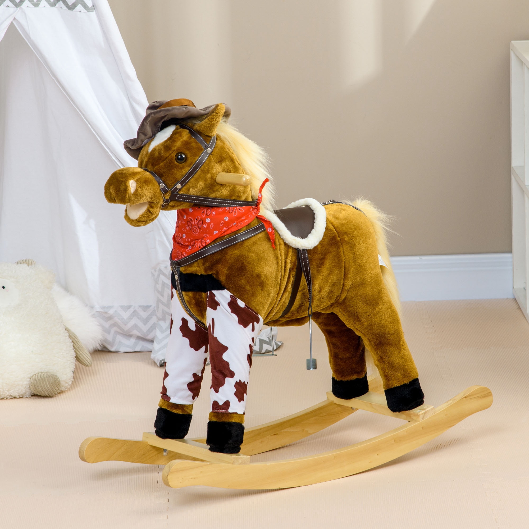 Qaba Baby Rocking Horse,Large Riding Horse,Plush Animal Rocker with Realistic Sound,Saddle,Toy for Boy Girl Ages 3-8 Years Old,Brown,Brown Plush Toys Kids Bikes Riding Toys